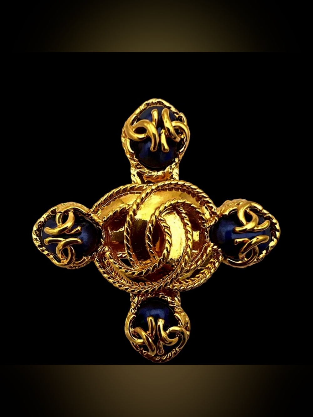 CHANEL Authentic Vintage Baroque Gold and Blue Stone Interlocking CC Brooch